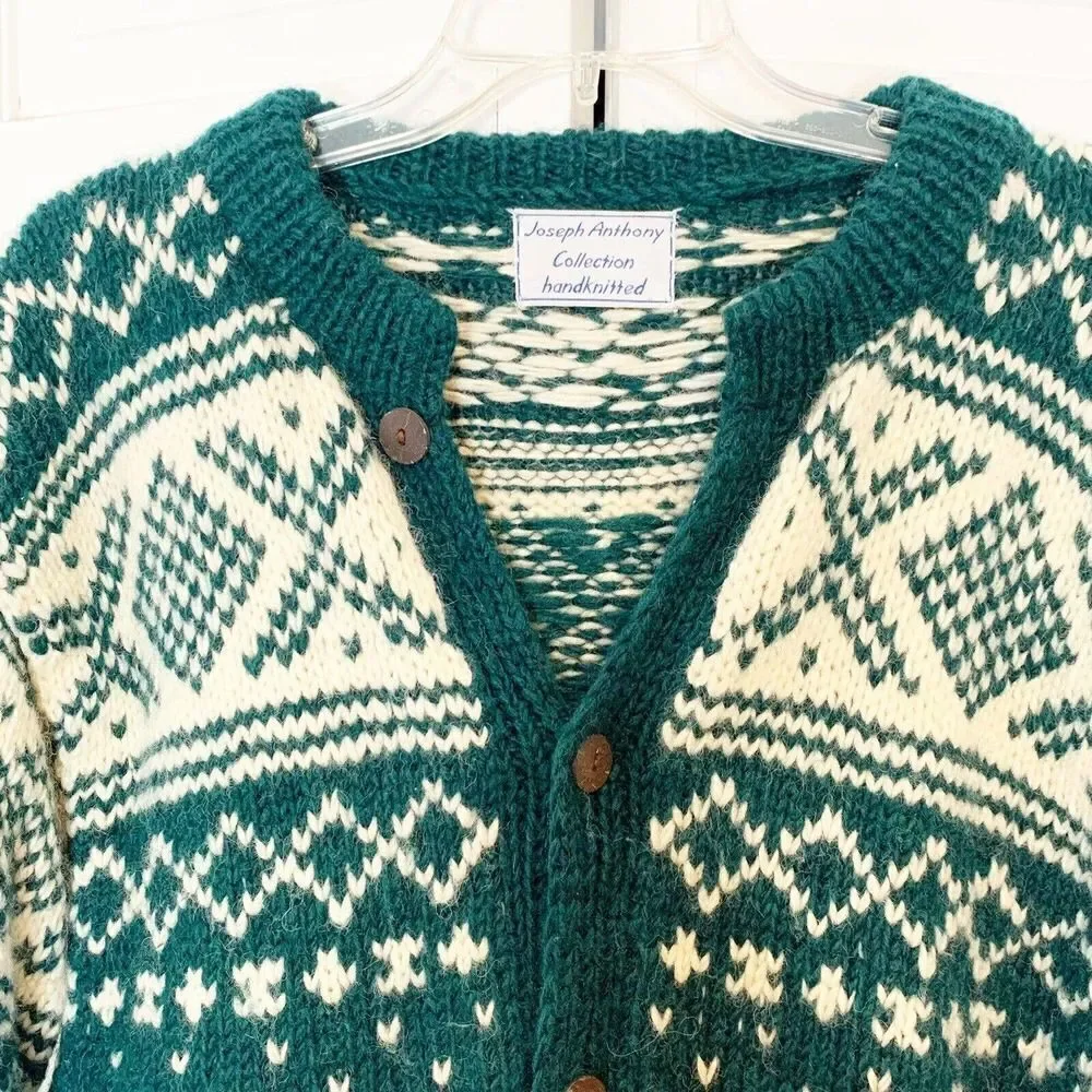 Vintage Joseph Anthony Collection Handknitted Wool Cardigan Sweater Green Cream